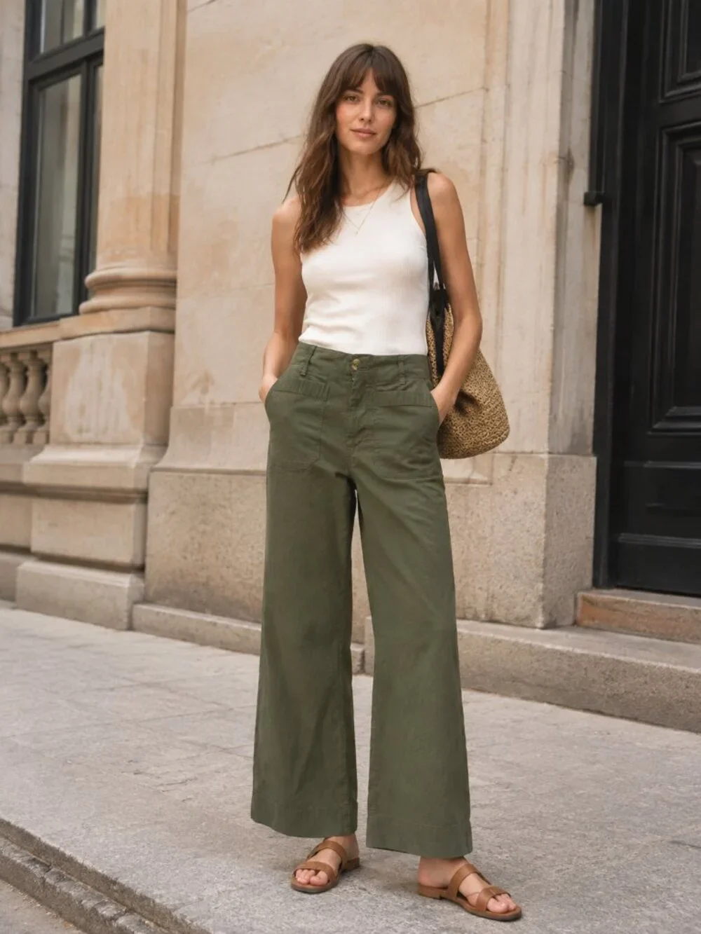 Anthropologie Maeve Colette Wide Leg Pants Olive Green Linen Size 24 High Rise
